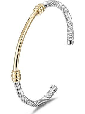 Twisted Gold & Silver Cable Wire Cuff Bracelet for Women & Men - Vintage Chunky